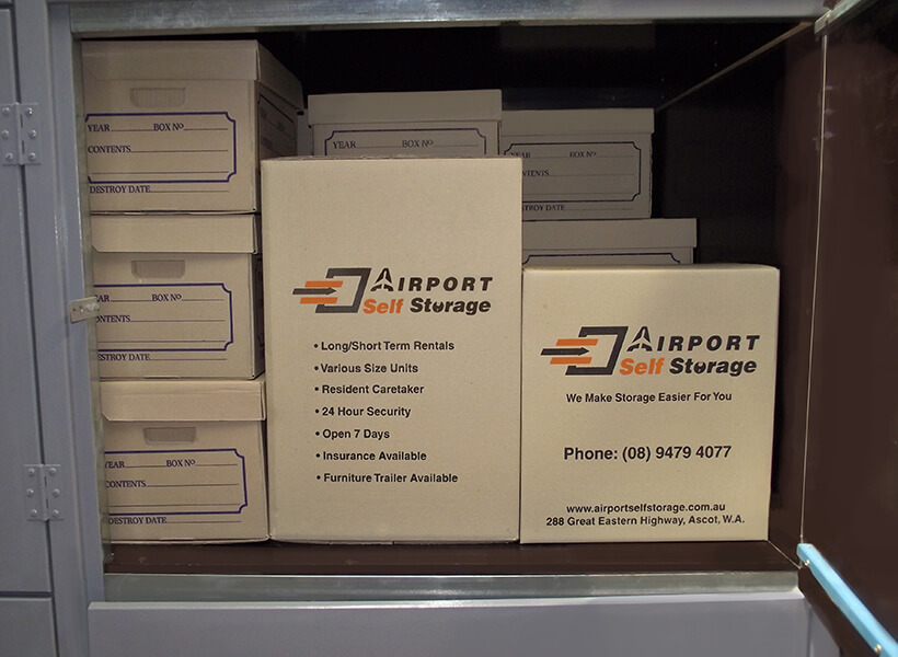 boxes in metal storage unit