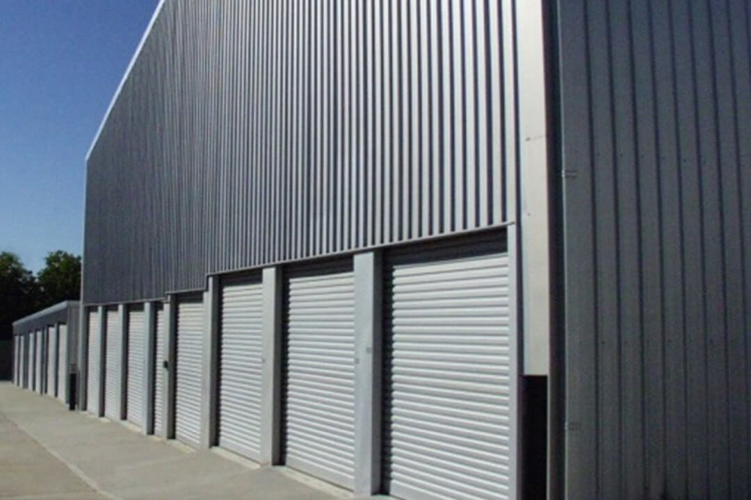 dark blue storage shed